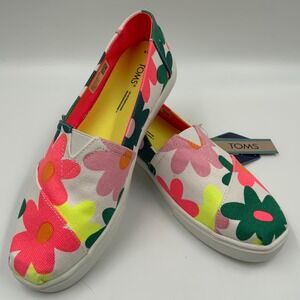TOMS Women's Slip On Shoes Floral Print White Pink Green Yellow Size 8.5